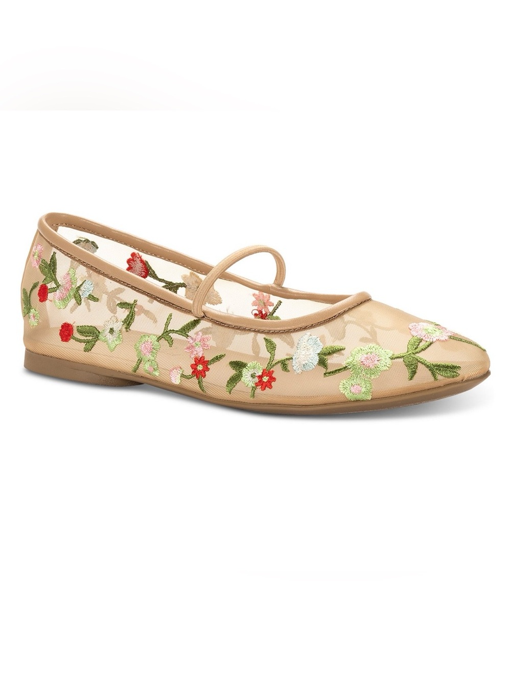Wild Pair Beige Floral Embroidered Mesh Mary Jane Flats